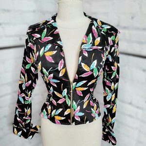 Vintage Diane Olsen Black Muli-Colored Leaf Design Showmanship Zip Up Jacket
